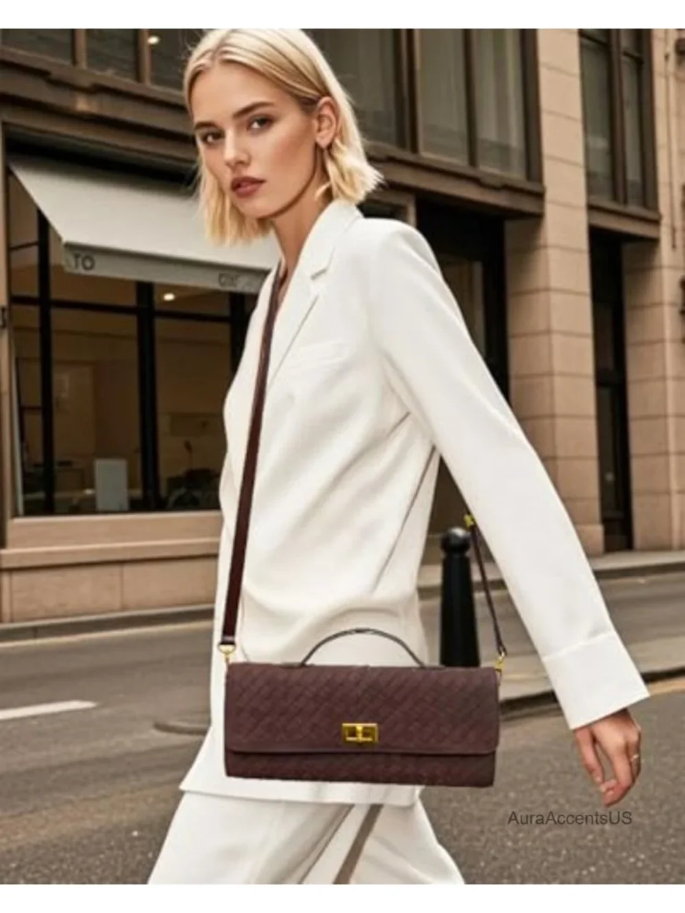 Woven Suede Handbag - Evening Shoulder Bag & Clutch Purse with Gold Lock